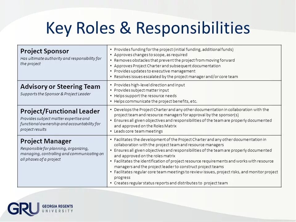 Project roles and responsibilities. Responsibility Matrix. Project Sponsorship. Work Organization and responsibility. Role keys