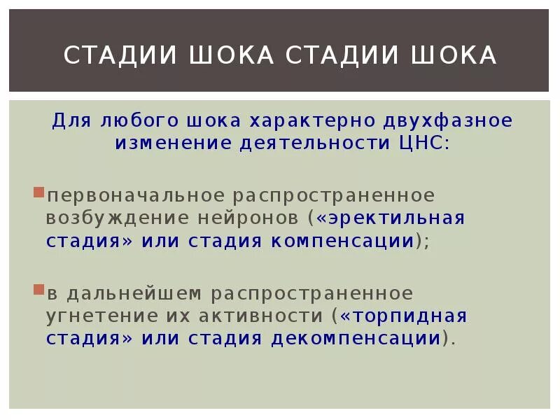 Фазы шока. Для любого шока характерно. Фазы и стадии шока.