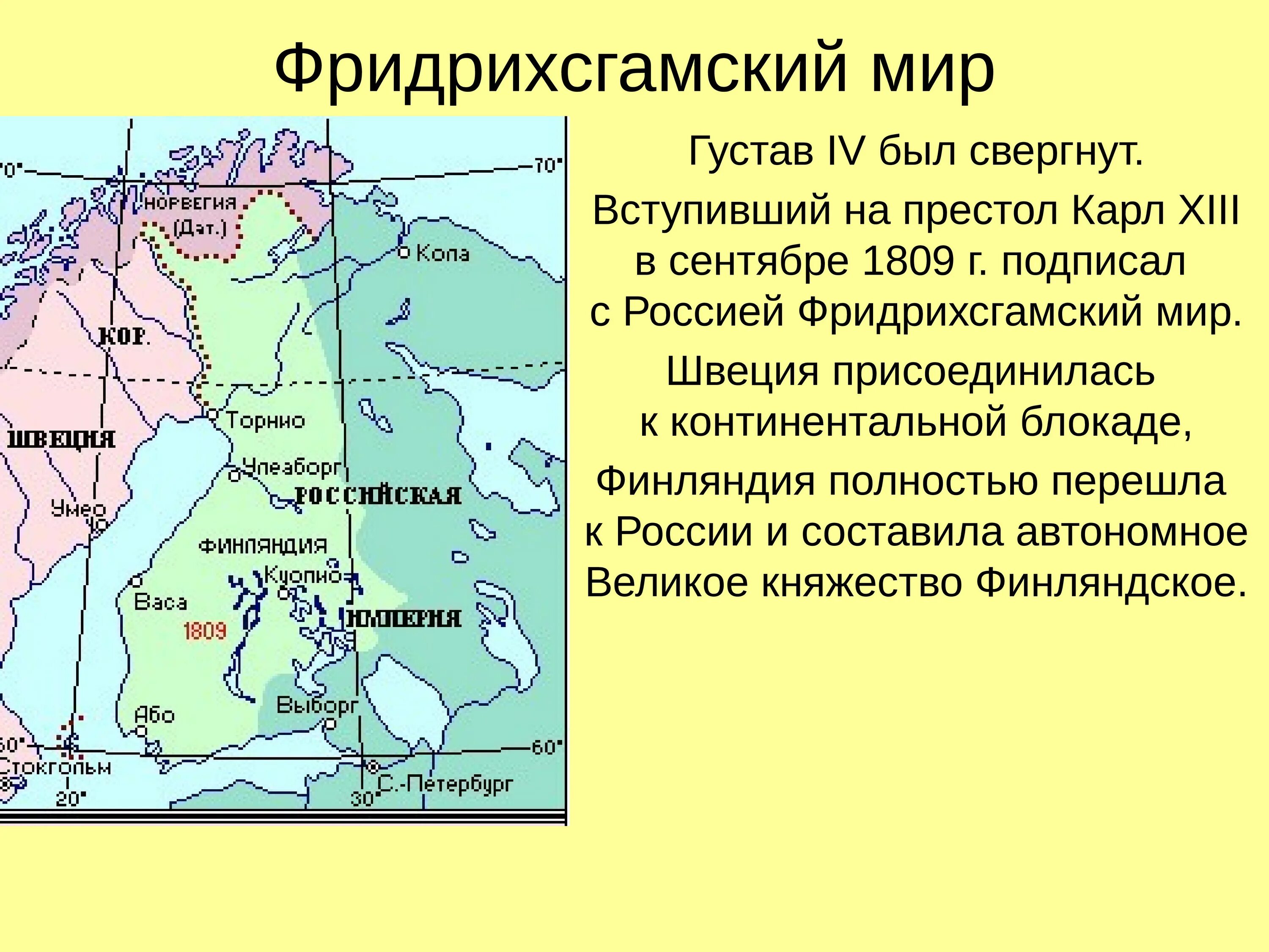 Русско шведская при александре 1. Фридрихсгамский 1809 года со Швецией..