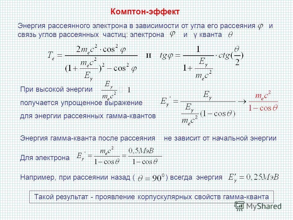 Энергия комптоновского рассеяния. Энергия рассеянного Кванта. Энергия рассеянного электрона. Угол рассеяния электрона.