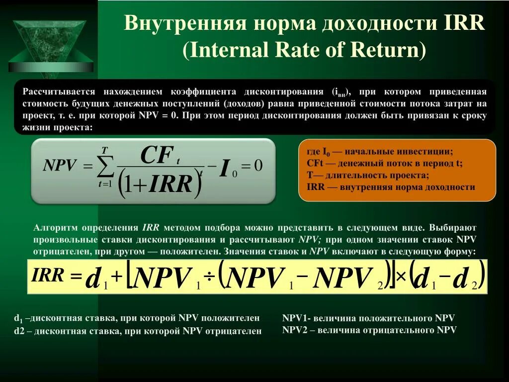 Рассчитать ставку доходности. Внутренняя норма доходности инвестиционного проекта формула. Внутренняя ставка доходности формула. Внутренняя норма рентабельности инвестиционного проекта формула. Внутренняя норма рентабельности (Internal rate of Return, irr).