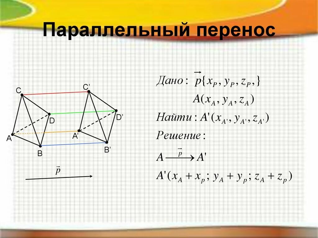 Параллельным переносом фигуры называется. Параллельный перенос. Параллельный перенос кубаъъ. Параллельное движение геометрия. Движение геометрия параллельный перенос.