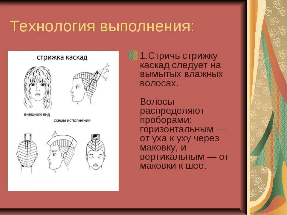 Последовательность выполнения стрижки. Технология выполнения выполнения стрижки каскад. технология выполнения стрижки каскад со схемами. схема стрижки лесенка технологическая карта. каскад схема стрижки теменной зоны.
