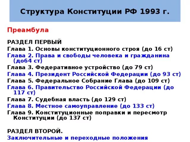 Конституция россии 1993 и ее значение. Структура Конституции РФ 1993 Г.. Структура Конституции РФ 1993 года. Структура Конституции России 1993 года. Конституция 1993 основные разделы и статьи.