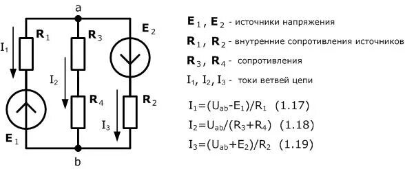 Внутреннее сопротивление на схеме. Электрическая схема с 1 источником тока и 1 источником напряжения. ток i1 в ветви а-б определяется по формуле. источник напряжения с резистором на схеме. схема с источников и резистором.