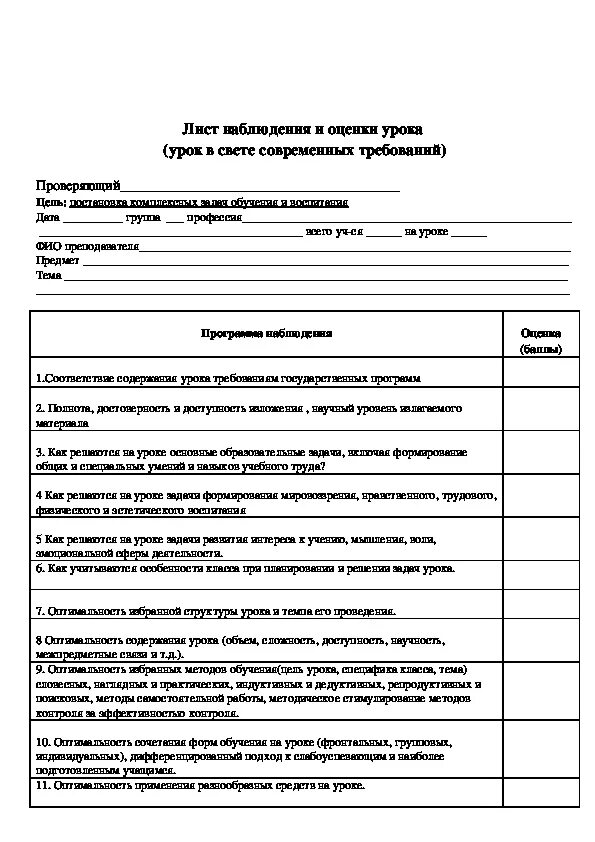 Урок наблюдение пример. Лист наблюдения урока образец заполнения. Образец заполнения листа наблюдения и оценки урока. Карта наблюдения урока по ФГОС образец и шаблон заполнения. Лист наблюдения уроков/занятий образец.