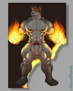 fire, genitals, hair, horn, hunnipanda, male, mammal, muscular, muscular an...