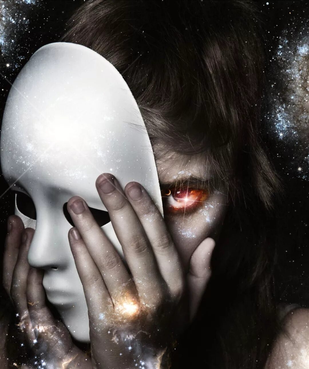 девочка под маской. эмоции под маской. две личности. девушка в театральной маске. девушка в белой маске на лице.