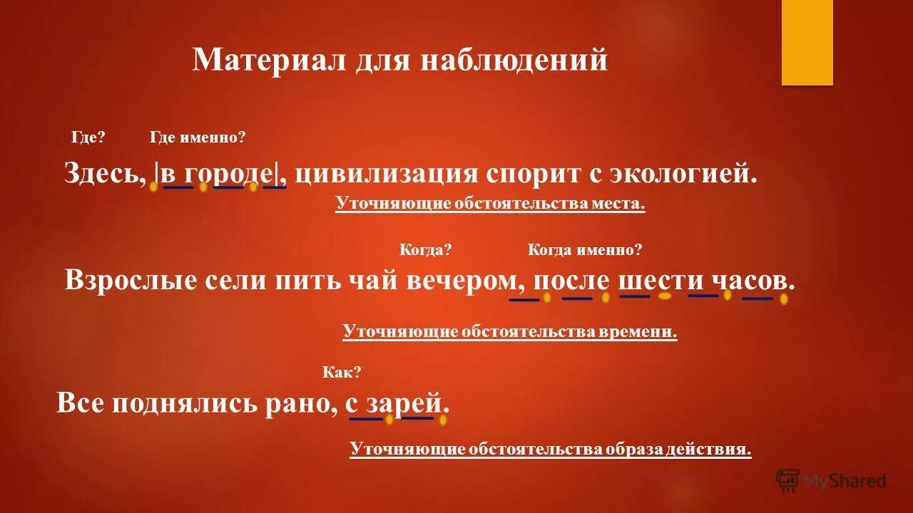 Именно предложение. Здесь в городе цивилизация спорит с экологией. Уточнение образа действия примеры. Уточняющие обстоятельства. Уточнение обстоятельства места.