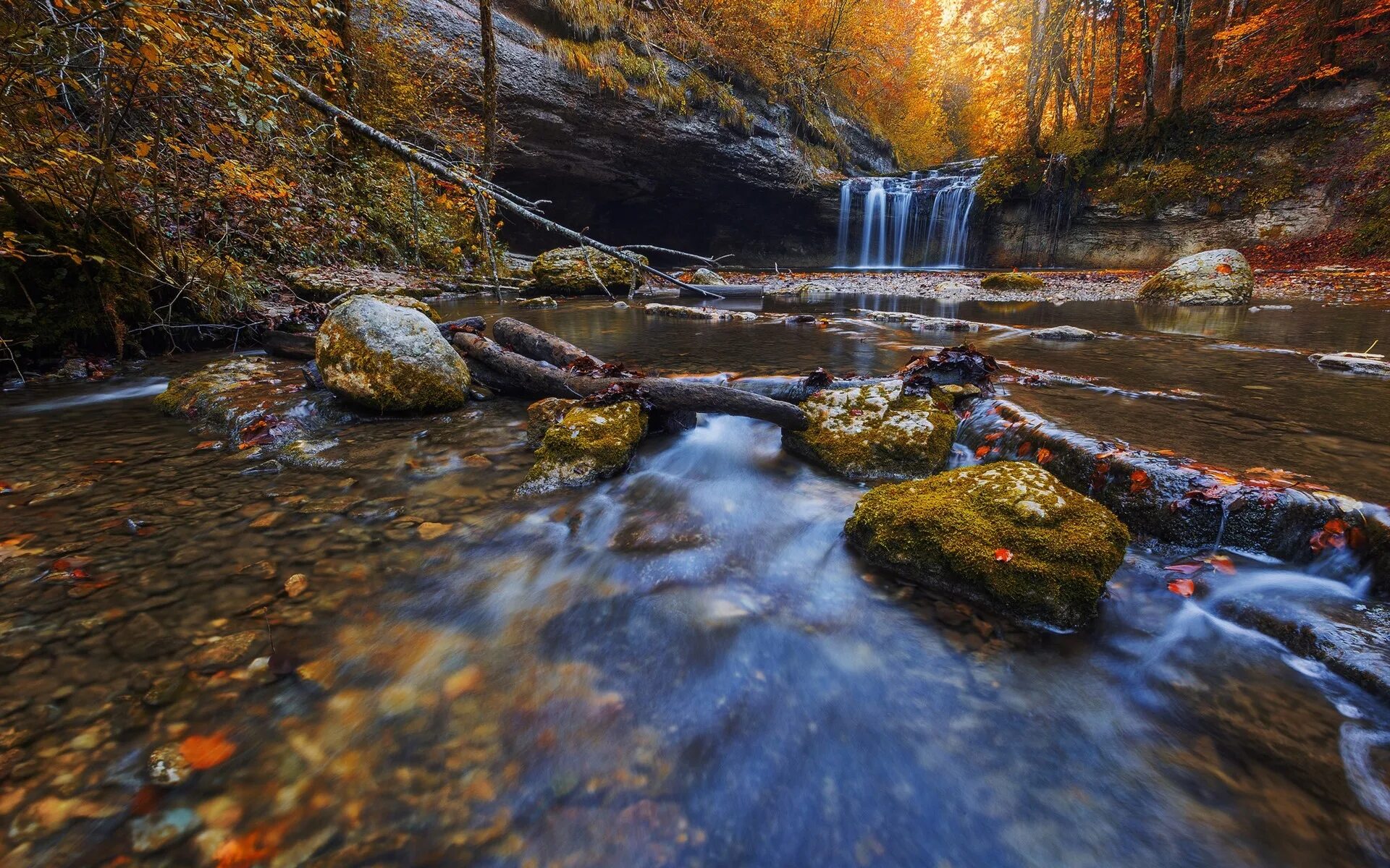 Осенний ручей. Осень лес ручей. Ручей водопад.