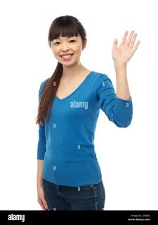 greet, waving hand, watching online lesson Stock Photo. happy smiling young...