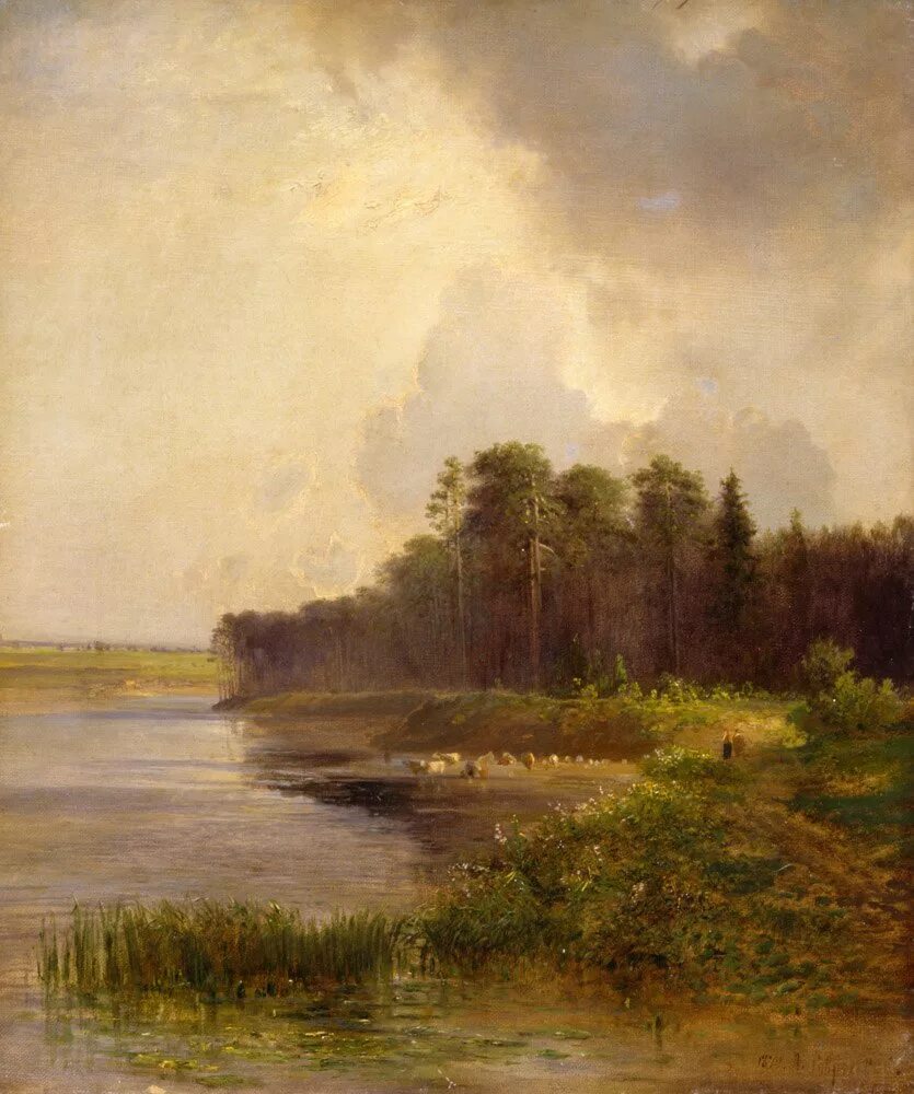 Ранняя русская живопись. «Летний пейзаж с рекой» (1870 г.). Каменев.