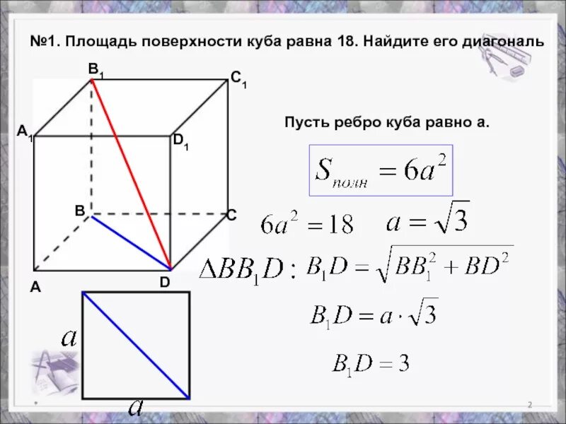 Диагональ куба с ребром 2 равна