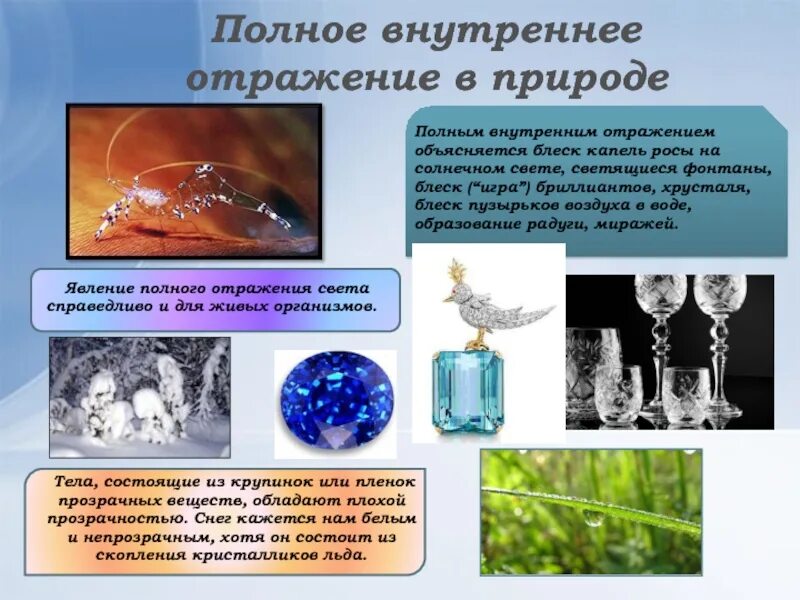 Использование полного внутреннего отражения света. Явление полного внутреннего отражения в природе. полное внутреннее отражение примеры. полное внутреннее отражение света. полное отражение света в природе.