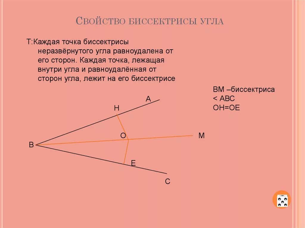 Каждая точка биссектрисы неразвернутого угла равноудалена. Биссектриса угла свойство биссектрисы угла. Свойство и признак биссектрисы угла. Свойство биссектрисы неразвернутого угла. Основное свойство биссектрисы угла.