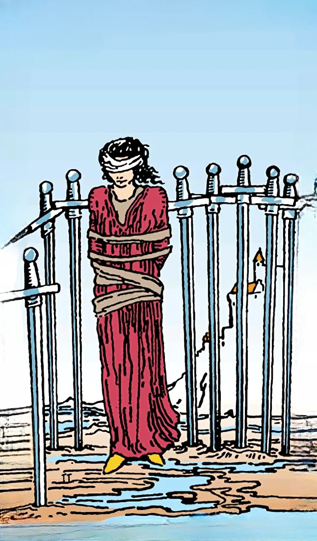 Восьмерка мечей человек. 8 мечей райдер уэйт. 8 мечей таро уэйта. восьмерка мечей таро райдера уэйта. карты таро уэйта восьмерка мечей.