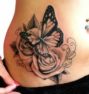 Black & Grey Ink Rose & Butterfly Tattoo On Hip For Girls Ro