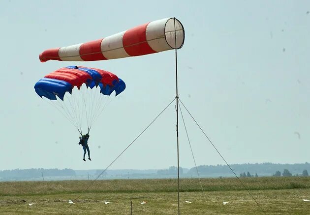 Соревнования на точность приземления. Конусный указатель ветра. Спасательный тент парашютиста при приземлении. Обувь для точности приземления.