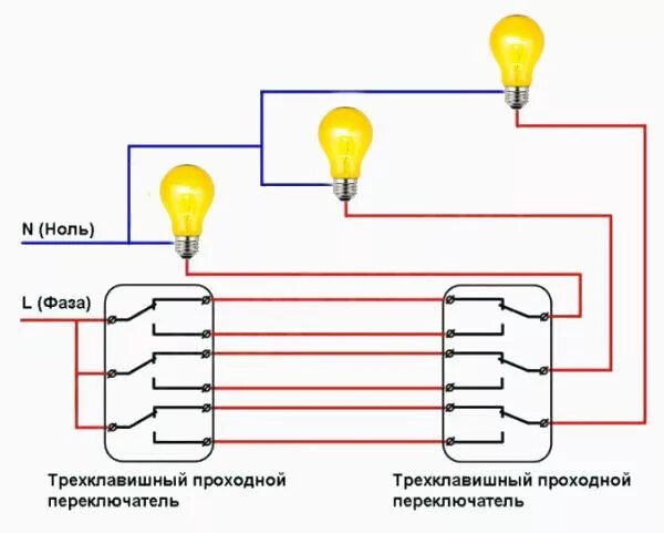 Переключателя на 2 лампы. Схема подключения 3 проходных выключателей на две лампочки. схема подключения проходного трехклавишного переключателя. схема подключения двухклавишного переключателя с 3 мест. схема подключения проходного четырехклавишного выключателя.