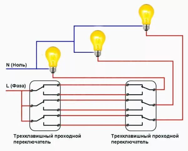 Три двухклавишных проходных выключателя. Схема подключения трехклавишного проходного переключателя. Схема подключения двухклавишного переключателя с 3 мест. Схема подключения 3 проходных выключателей на две лампочки. Схема подключения проходного четырехклавишного выключателя.