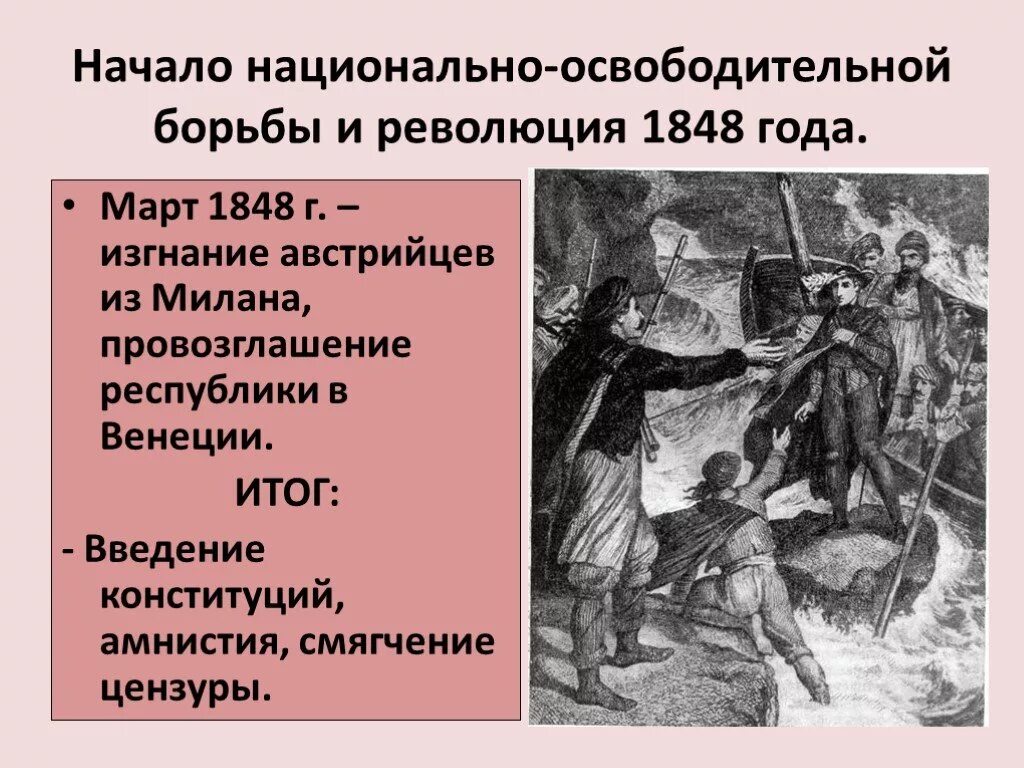 Причины национально освободительной борьбы. Национально-освободительная борьба. Начало национально освободительной борьбы и революция 1848 в Италии. Италия провозглашение Республики. Результат национально освободительной борьбы и революции Италии 1848.