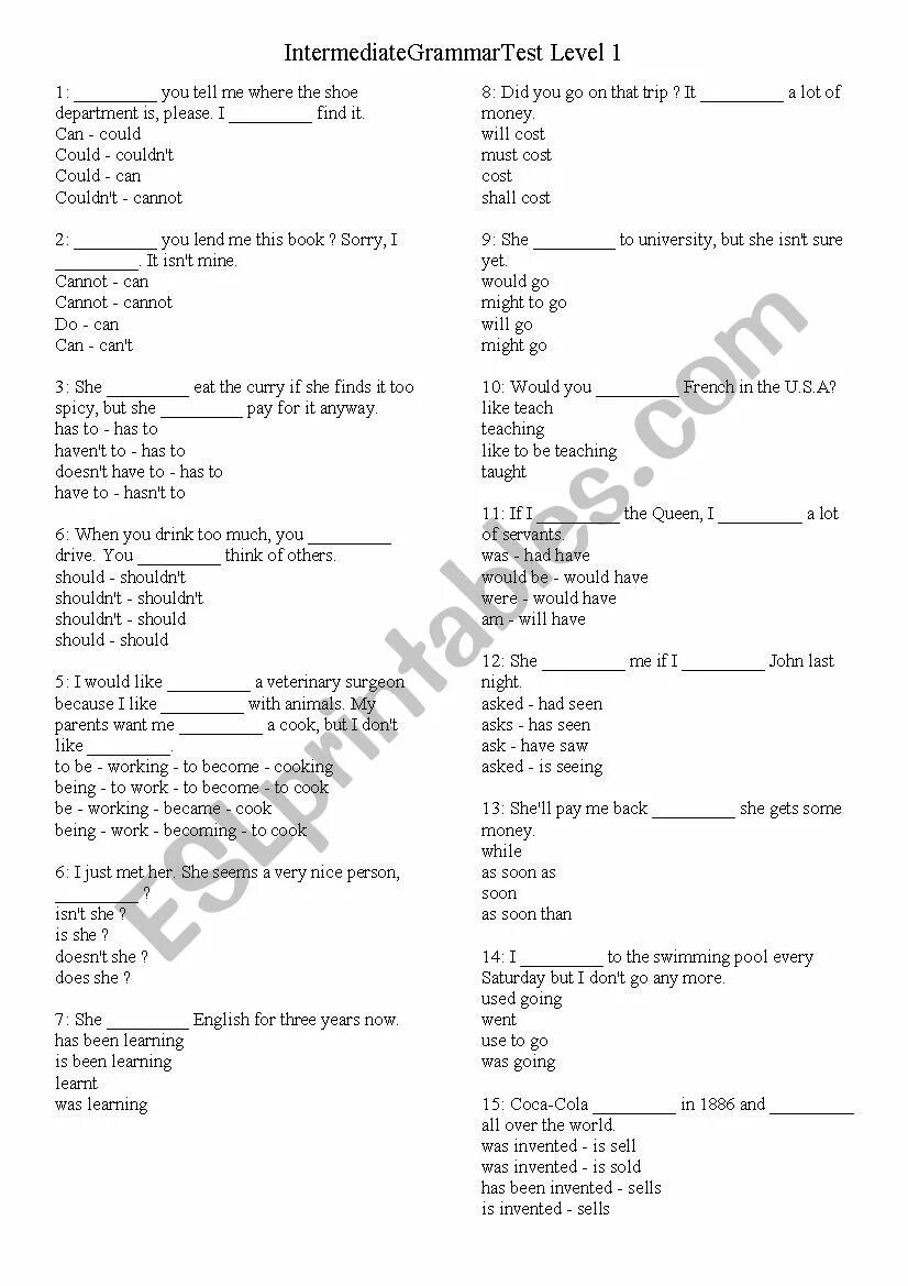 Test for intermediate level. Grammar test for intermediate level pdf.