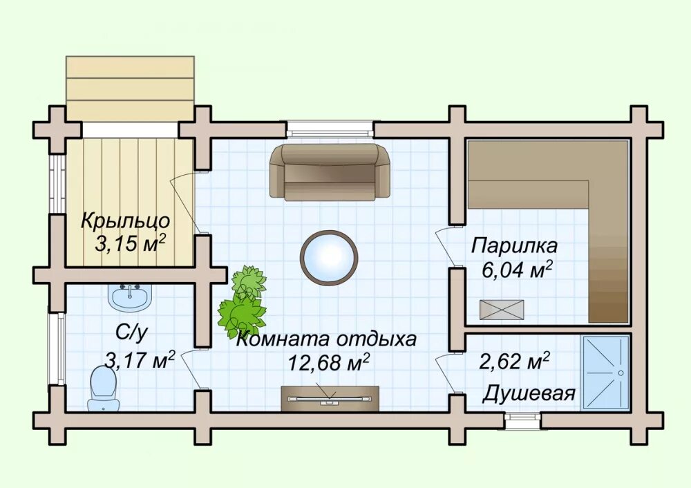 Брусовая баня 5х6 с туалетом под ключ недорого: проект от СК Глушаков Строительс
