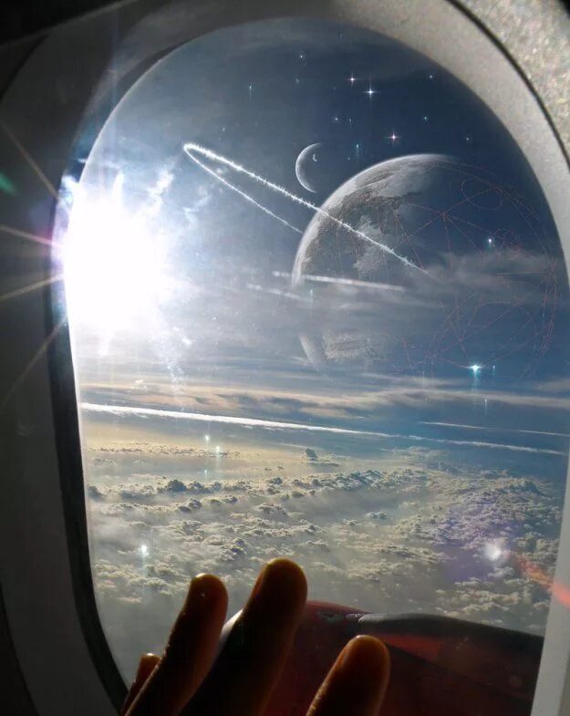 Мы летим через космос. Вид из иллюминатора. Вид из окна самолета. Вид из иллюминатора самолета. Вид из иллюминатора в космосе.