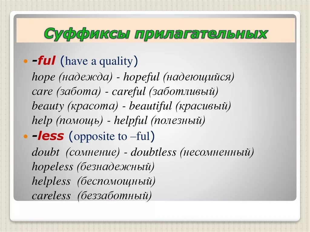 Словообразование слова задание. Суффиксы ful и less в английском языке. Прилагательные с суффиксом less. Прилагательные с суффиксом less в английском языке. Английские слова с суффиксом ful и less.