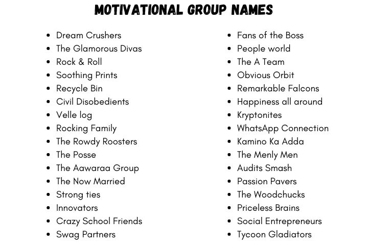 Group name. Team name idea. team motivation. best name of the group.