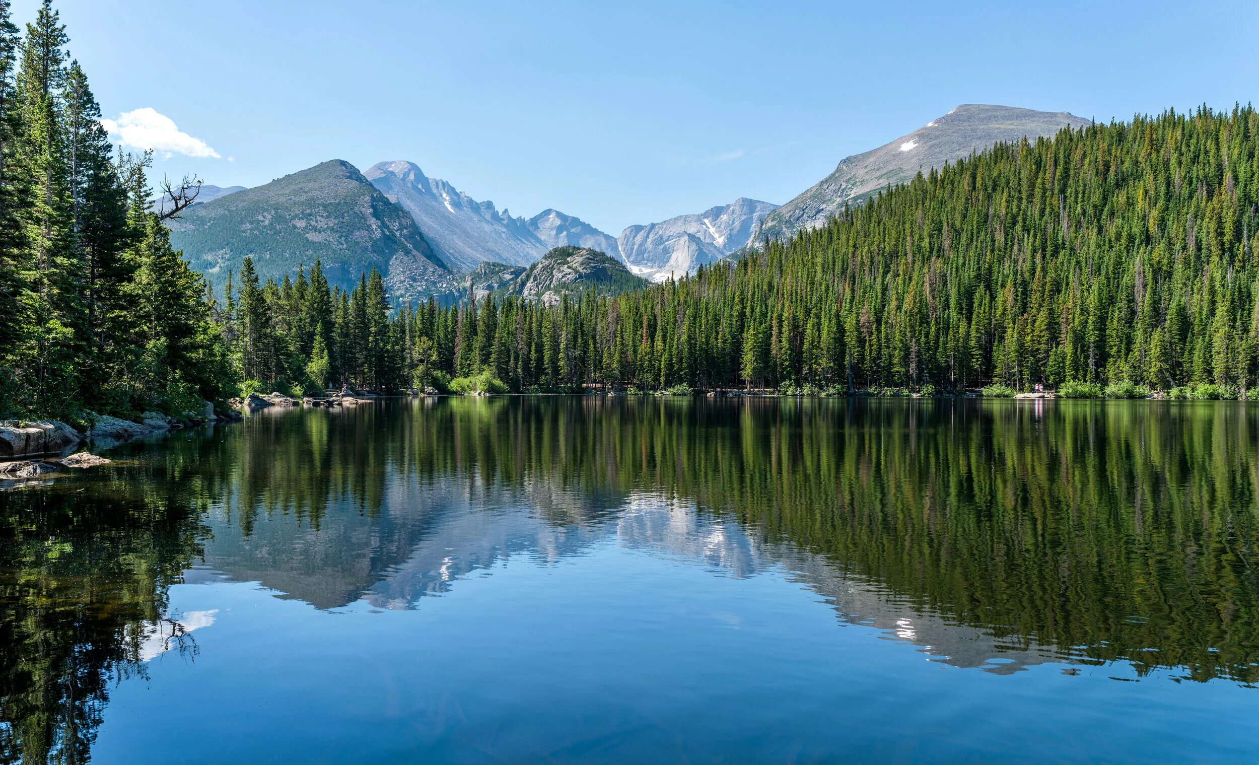 Озеро время работы. Лонгс пик. Bear Lake (Colorado). Фото горных лесных пейзажей с водоемом зеркальными водами. Картинки фото зеркальное отражение горы.