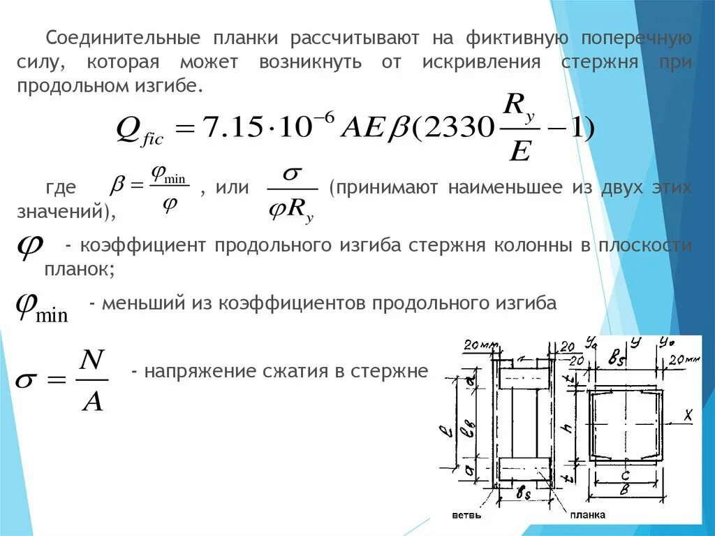 Изгиб колонны. Расчет стержня колонны. Расчет стержней при продольном изгибе. Поперечный изгиб стержня колонны. Условная поперечная сила.