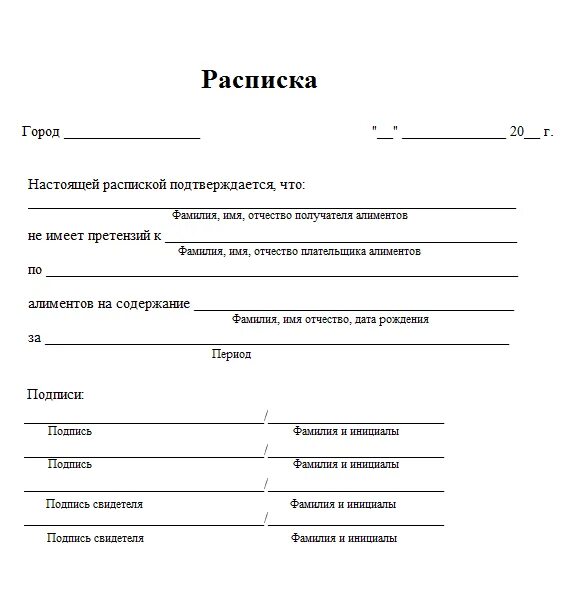 Расписка бывшего мужа. Расписка о неимении претензий по алиментам образец. Как написать расписку судебным приставам о получении алиментов.