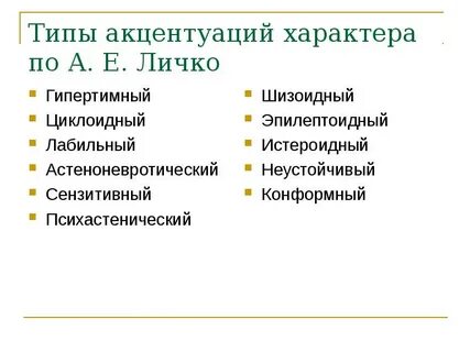 Акцентуация личности типы акцентуации характера