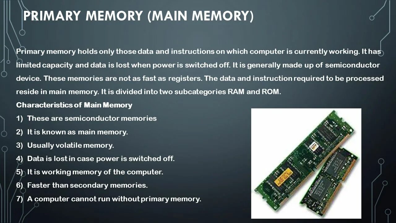 The instruction referenced memory. Primary Memory. What is Computer Memory. Ram Memory Unit. Operative Memory.
