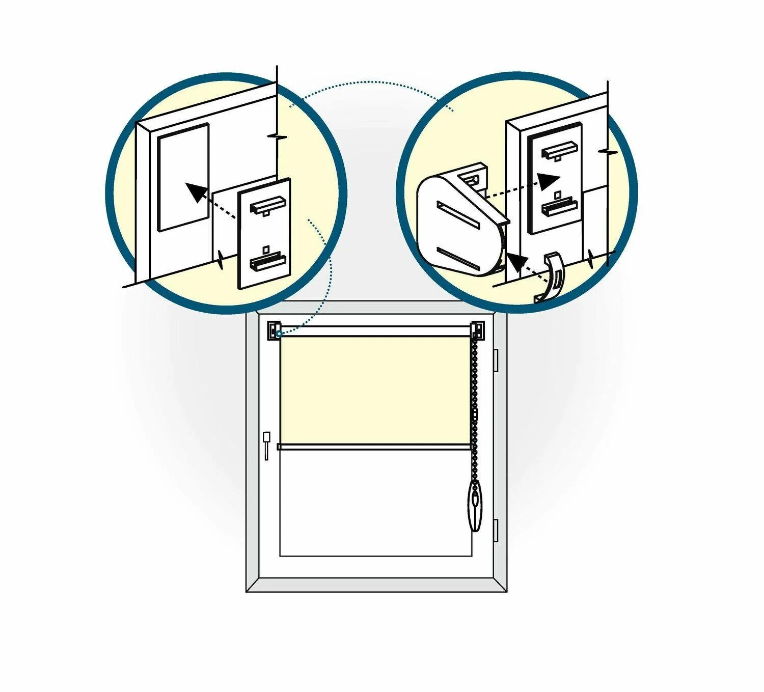 Крепление рулонной шторы без сверления. Схема монтажа рулонных штор на пластиковые окна. Схема установки рулонных штор на пластиковые окна без сверления. Крепление рулонных штор внутри оконного проема. Сборка рулонной шторы на пластиковое окно без сверления схема.