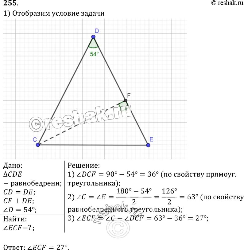 Геометрия 7 класс страница 79 номер 255. В равнобедренном треугольнике CDE С основанием ce. В равнобедренном треугольнике CDE С основанием се. Равнобедренном треугольнике CDE С основанием се проведена высота CF. В равнобедренном треугольнике с основанием ce проведена высота CF.