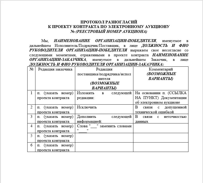 Форма протокола разногласий к контракту по 44-ФЗ форма. Форма протокола разногласий по 44 ФЗ. Форма протокола разногласий по договору. Форма протокола разногласий по 44 ФЗ образец.