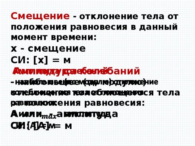 Смещение тела от положения равновесия. Смещение это отклонение от положения равновесия. отклонение колеблющегося тела. наибольшие отклоненение тела от положения равновесия. наибольшее отклонение тела от положения равновесия это.