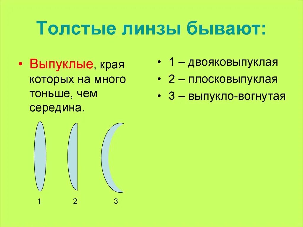 Толстая выпукло-вогнутый линза. Толстая двояковыпуклая линза. Выпуклая тонкая линза. Выпукло вогнутая линза формула. Линза у которой края толще