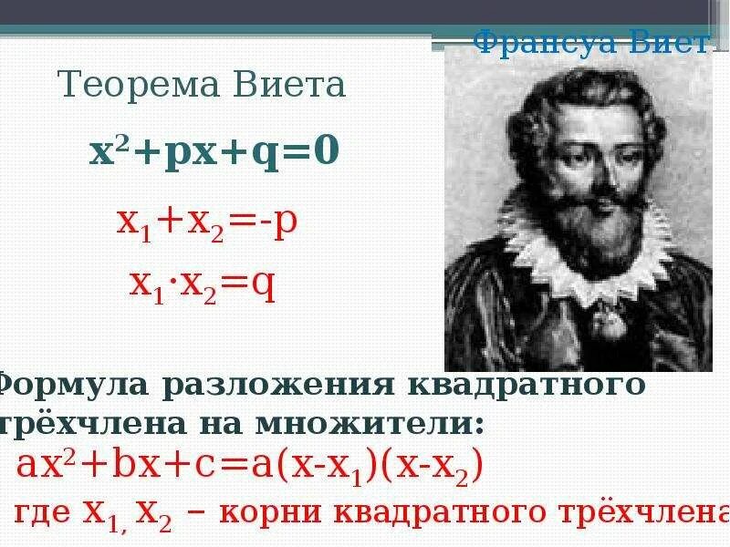 Теорема виета разложение квадратного трехчлена на множители. Франсуа виет теорема. Разложение квадратного трехчлена. Теорема о разложении квадратного трехчлена на множители. Теорема виета разложение квадратного трехчлена на множители.
