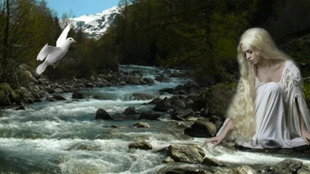Горная река анимация. Девушка у водопада. Девушка у ручья. Жизнь бурная река.