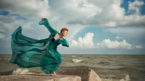 Girl, model, portrait, wind, coast, sea, waves, model tests, dynamics, niko...