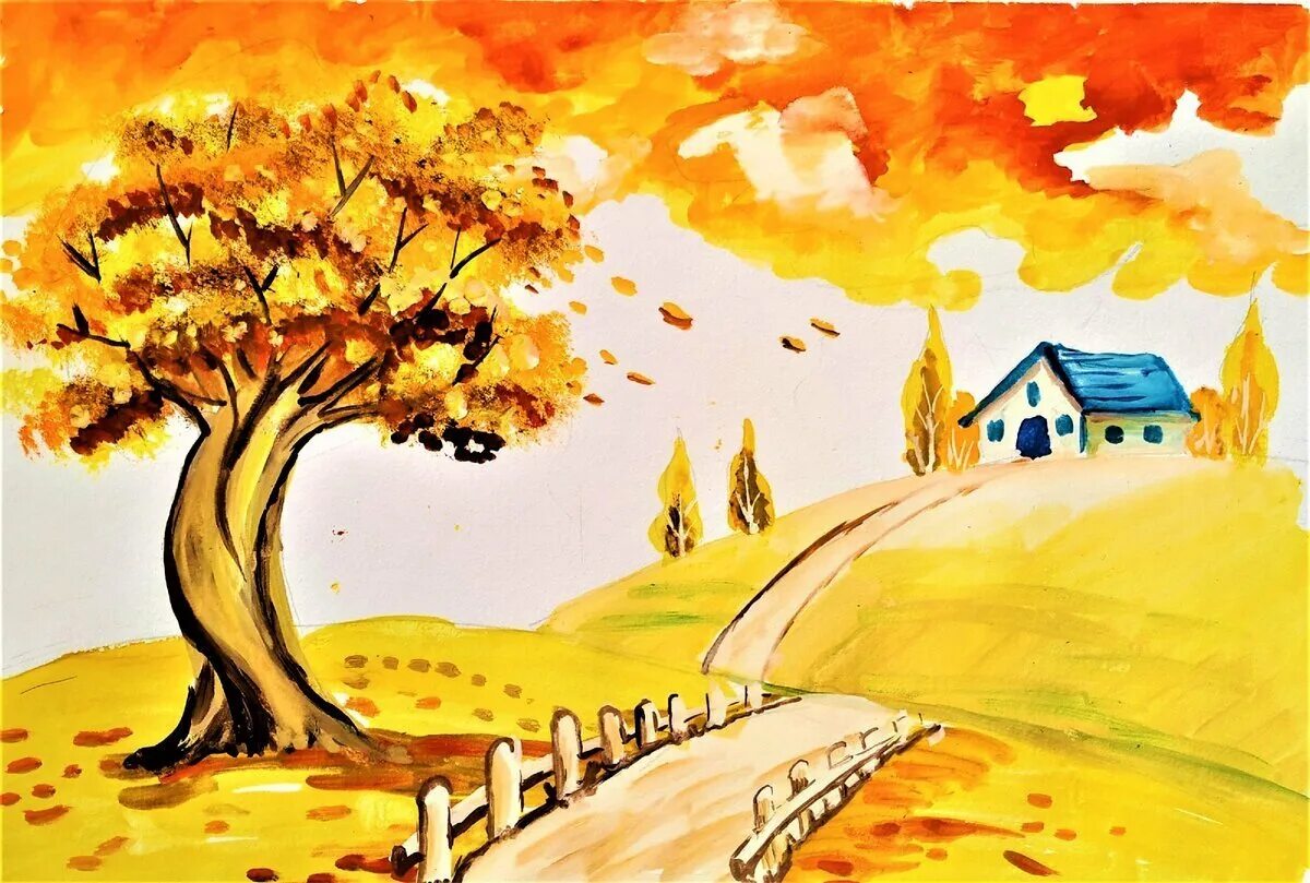 Красивые рисунки 6 класс. Рисунок осень. Детские рисунки на тему осень. Пейзаж рисунок. Рисунок на тему Золотая осень.