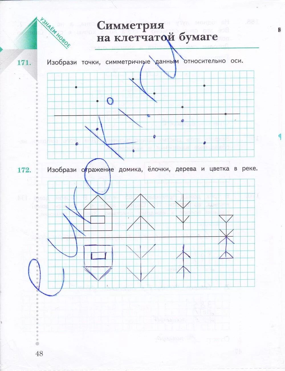 Изобрази точки относительно оси. Математика 1 класс рабочая тетрадь стр 48 Рудницкая. Изобрази точки симметричные данным. Точки симметричные данным относительно оси. Симметрия на клетчатой бумаге.