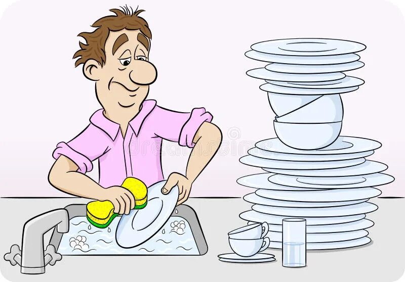 She did the washing up. Мытье посуды. Мойка посуды мультяшная. Мытье посуды рисунок. Мужчина моющий посуду.