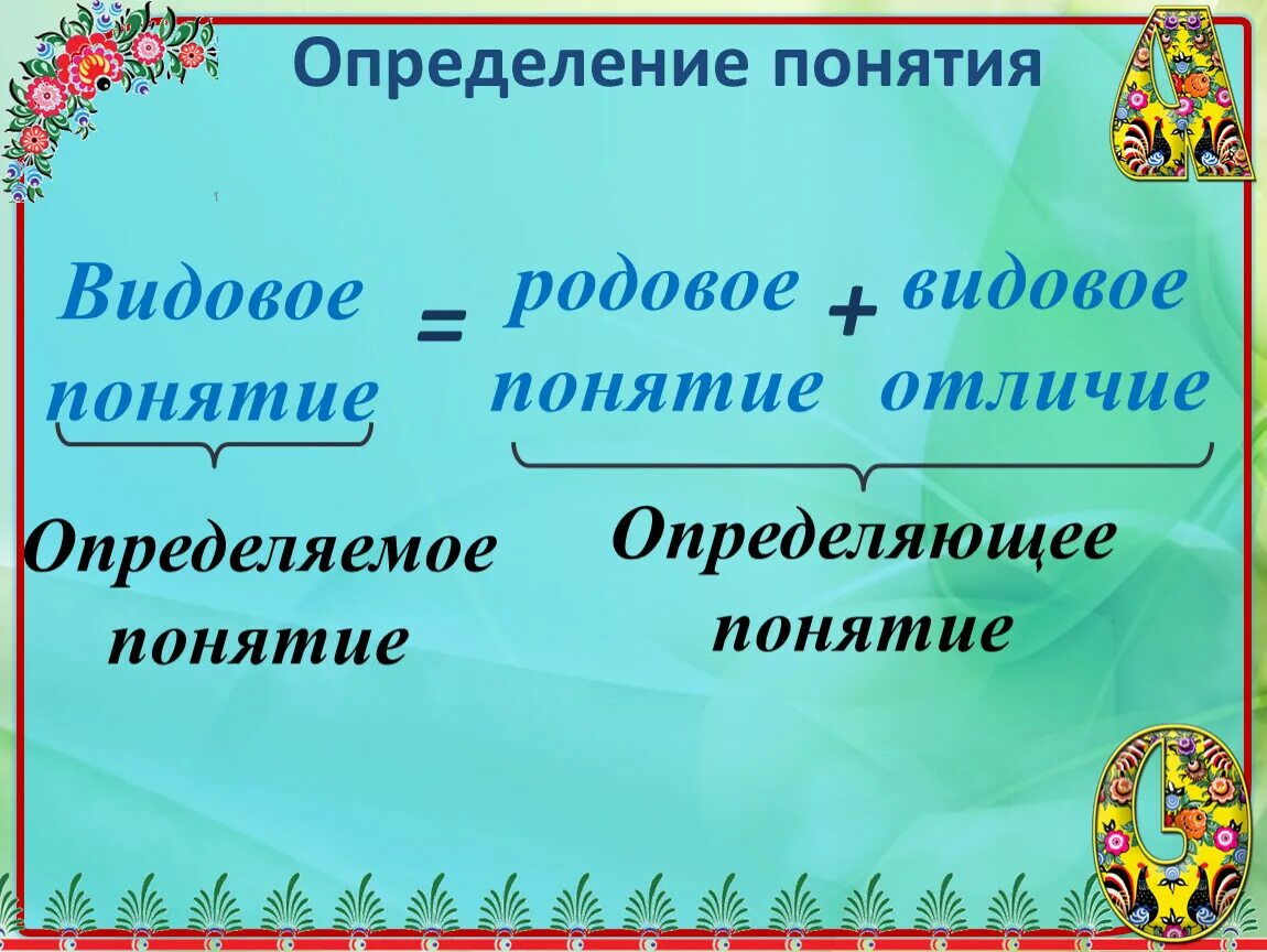 Переход от родового понятия к видовому. Родовое понятие и видовое отличие. Определяемое понятие родовое понятие и видовое отличие. Родовые понятия Информатика. Определение понятия род.