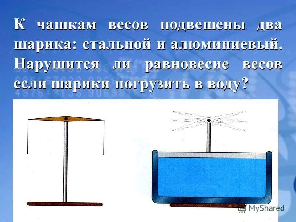 К чашам весов подвешены две гири. Весы равновесие. Нарушится ли равновесие. К 1 чаше весов подвешен цилиндр из алюминия. Если весы подвесить за весы то.