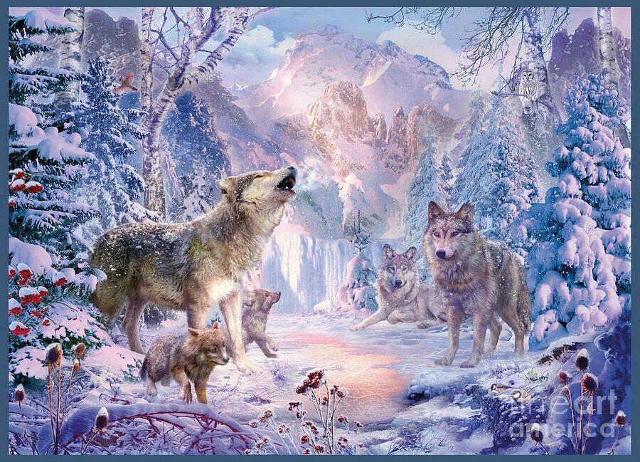 Волк мороз. Зимний пейзаж с волками. Сказочные волки в пейзаж. Волки зима живопись. Волшебный пейзаж с волками.