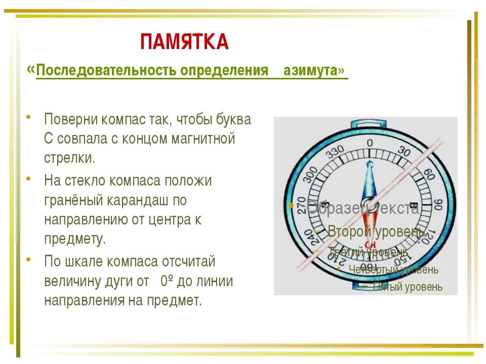 Последовательность действий с компасом. Компас уроки. Памятка про компас. Компас Азимут. Азимут по компасу.